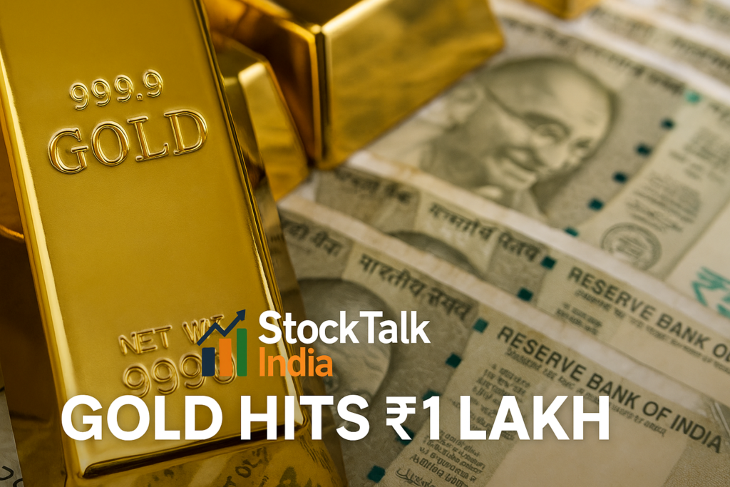 Gold bars with Indian flag in background and ₹1 lakh price milestone